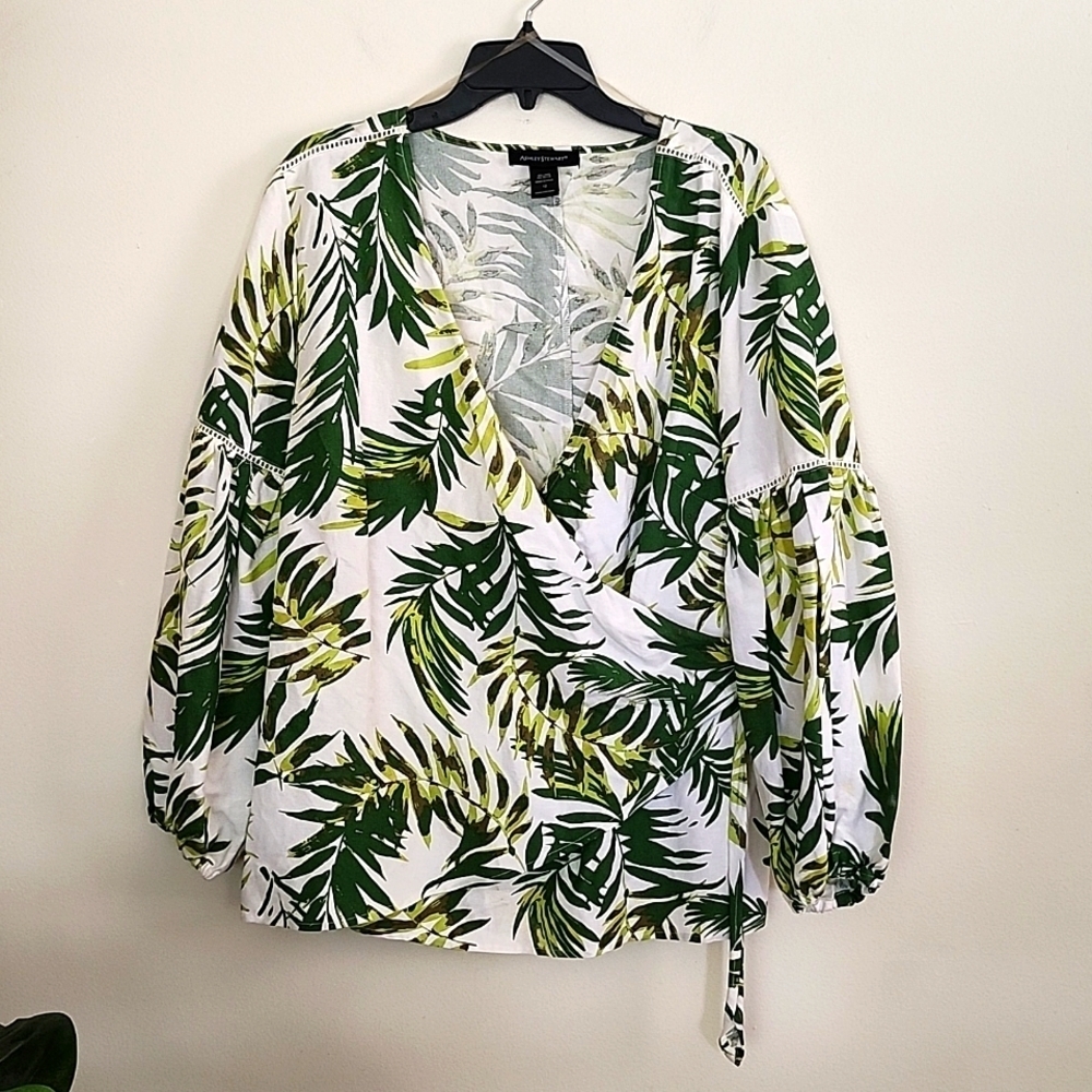 Ashley Stewart tropical palm print true wrap top, long sleeve, linen summer top